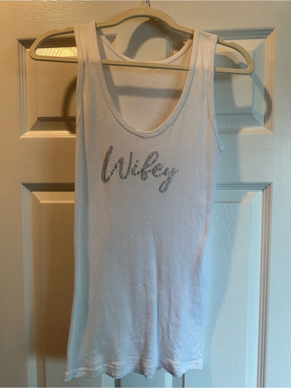 David's Bridal White Tank Top with Rhinestone "Wifey" Script